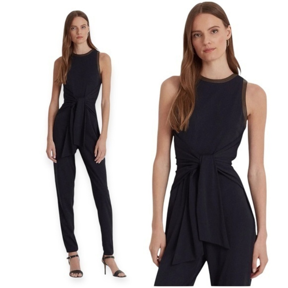 Lauren Ralph Lauren Tie-Front Jersey Sleeveless Jumpsuit dark blue petite medium